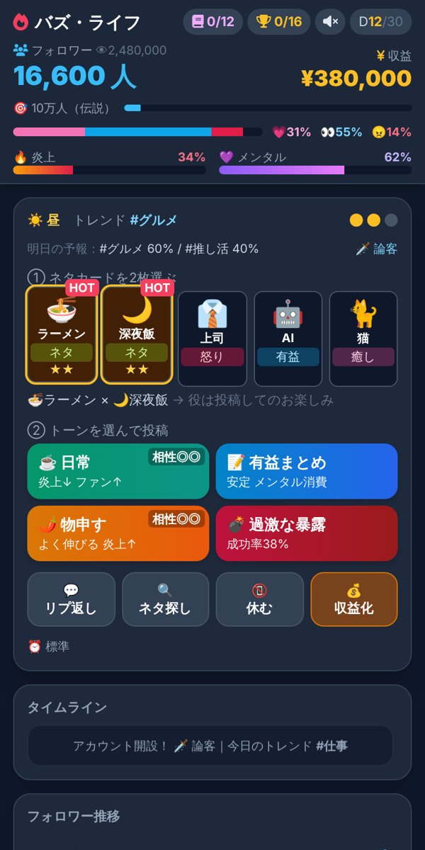 バズ・ライフのプレイ画面。ネタカードを2枚選んで投稿する